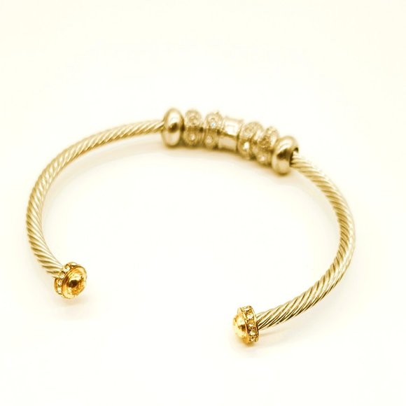 Twisted Cable Bangle Bracelet. Silver & Gold Flexible Cuff with Charm Beads - Picture 3 of 4
